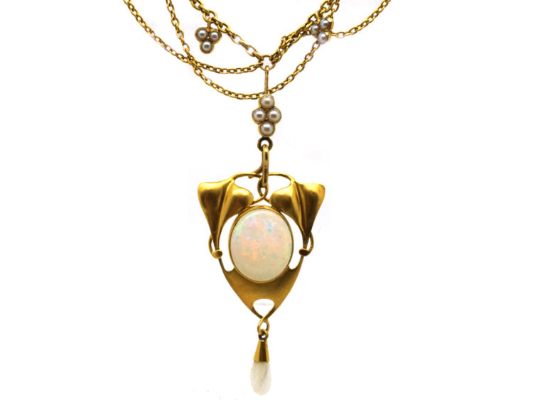 Art Nouveau 15ct Gold, Opal & Natural Split Pearl Necklace