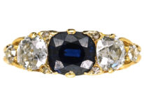 Victorian 18ct Gold, Carved Half Hoop Sapphire & Diamond Three Stone Ring