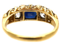 Victorian 18ct Gold, Carved Half Hoop Sapphire & Diamond Three Stone Ring