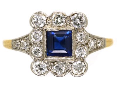 Art Deco 18ct Gold, Platinum, Sapphire & Diamond Rectangular Ring