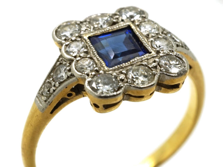 Art Deco 18ct Gold, Platinum, Sapphire & Diamond Rectangular Ring