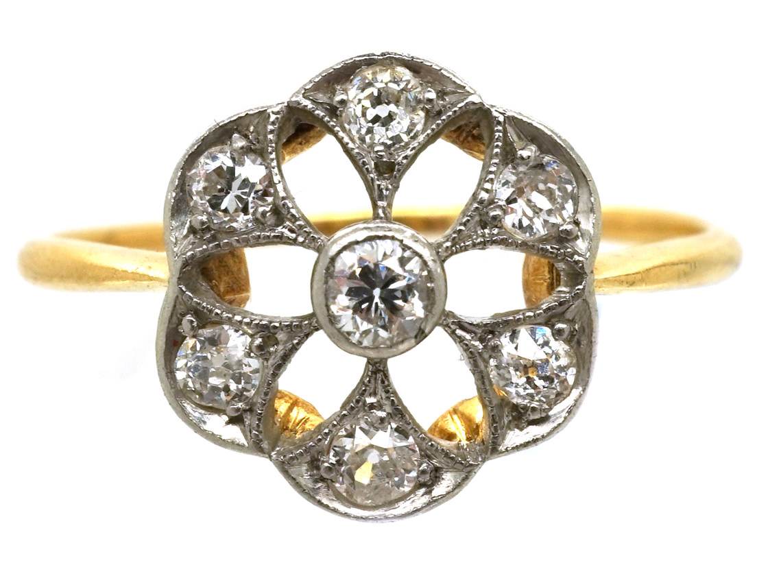 Edwardian 18ct Gold & Platinum Diamond Set Pierced Daisy Ring (628K ...