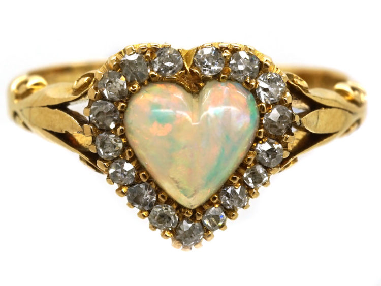 Edwardian 18ct Gold, Opal & Diamond Heart Shaped Ring