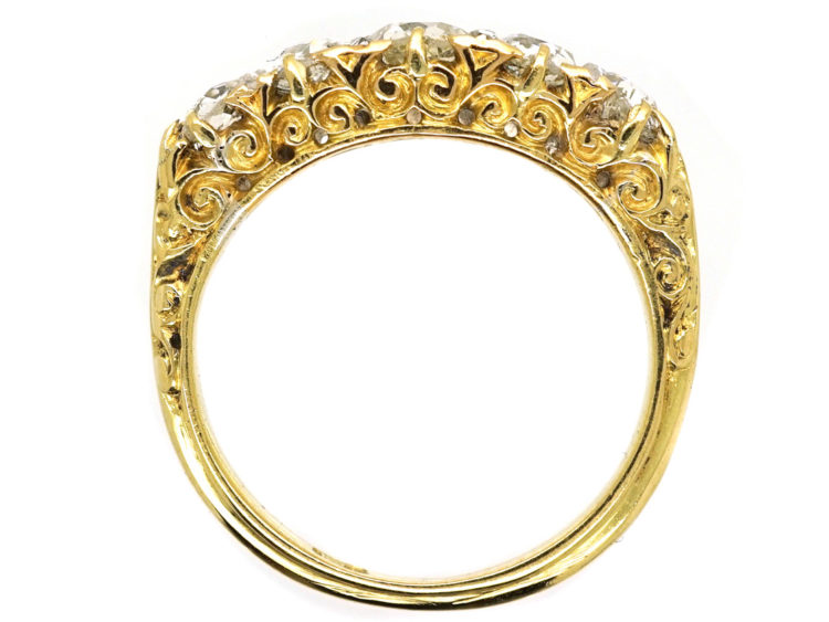 Victorian 18ct Gold Five Stone Diamond Carved Half Hoop Ring With Reeded Shank