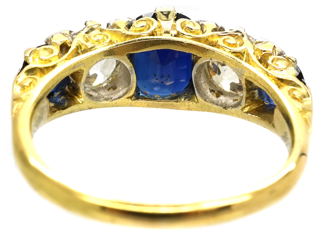 Victorian 18ct Gold Five Stone Sapphire & Diamond Carved Half Hoop Ring ...