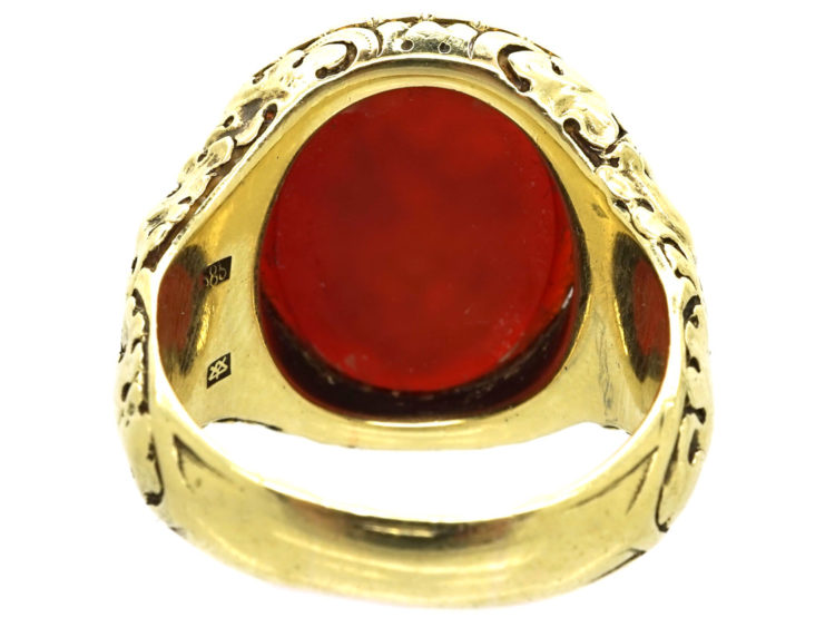 14ct Gold Signet Ring With Carnelian Intaglio of Two Swans & A Bear