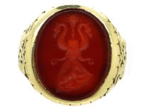 14ct Gold Signet Ring With Carnelian Intaglio of Two Swans & A Bear