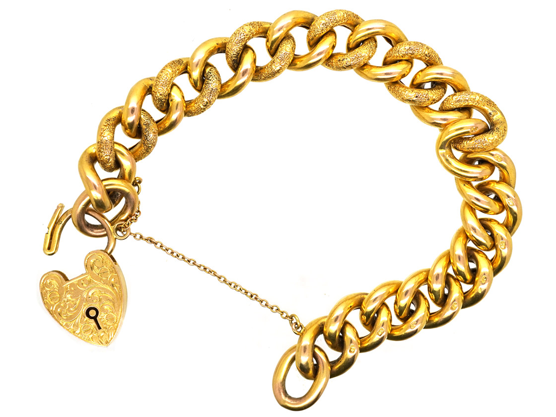 Edwardian 9ct Gold Curb Bracelet With Alternate Engraved & Plain Links ...