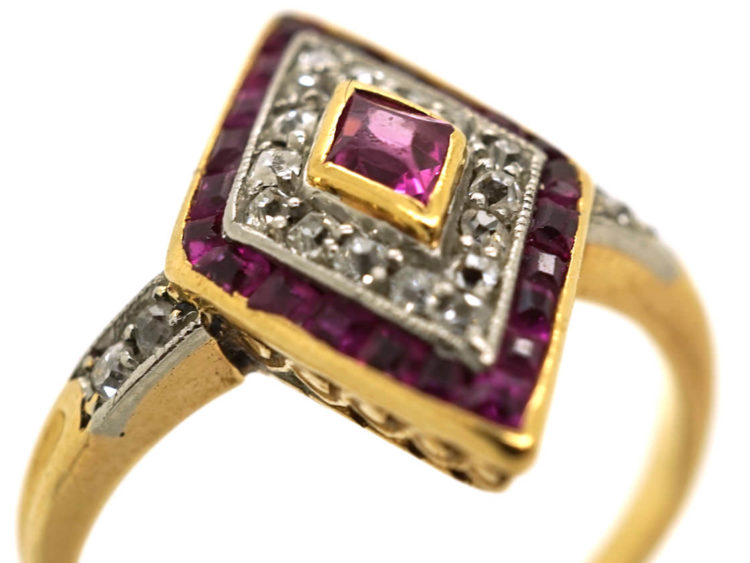 Art Deco 18ct Gold & Platinum, Ruby & Diamond, Diamond Shaped Ring