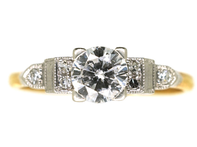 Art Deco 18ct Gold & Platinum, Diamond Solitaire Ring With Step Cut Diamond Shoulders