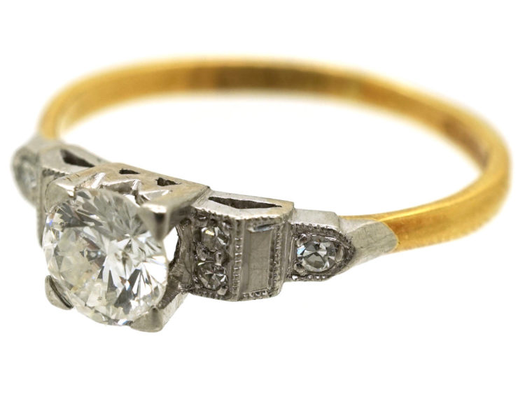 Art Deco 18ct Gold & Platinum, Diamond Solitaire Ring With Step Cut Diamond Shoulders