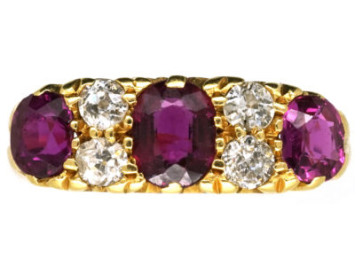 Edwardian 18ct Gold Three Stone Ruby & Diamond Carved Half Hoop Ring