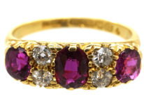 Edwardian 18ct Gold Three Stone Ruby & Diamond Carved Half Hoop Ring
