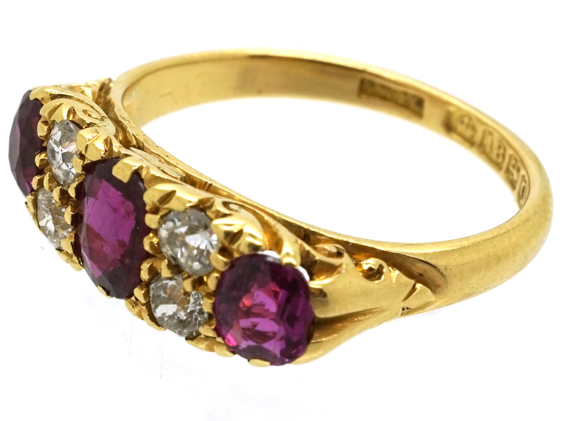 Edwardian 18ct Gold Three Stone Ruby & Diamond Carved Half Hoop Ring ...
