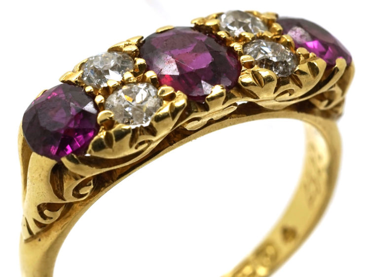 Edwardian 18ct Gold Three Stone Ruby & Diamond Carved Half Hoop Ring