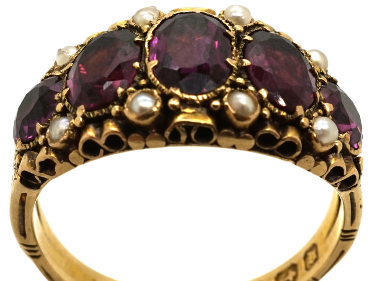 Victorian 15ct Gold, Almandine Garnet & Natural Split Pearls Ring