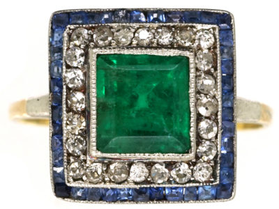 Art Deco Sapphire, Emerald & Diamond Square Ring