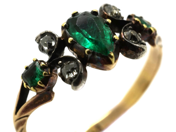 Georgian 15ct Gold Pear Shaped Emerald & Diamond Ring
