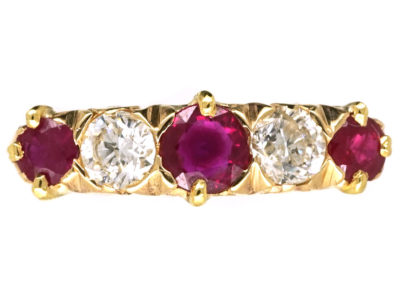 Edwardian 18ct Gold, Ruby & Diamond Carved Half Hoop Five Stone Ring