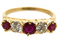 Edwardian 18ct Gold, Ruby & Diamond Carved Half Hoop Five Stone Ring