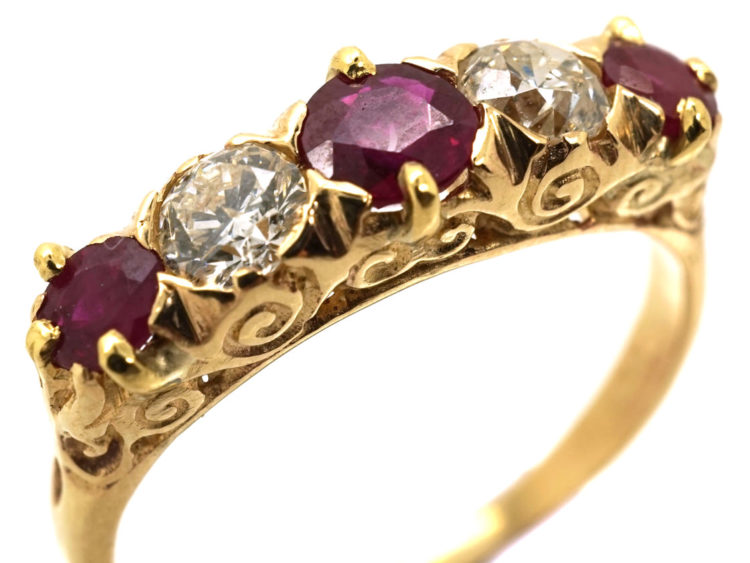 Edwardian 18ct Gold, Ruby & Diamond Carved Half Hoop Five Stone Ring