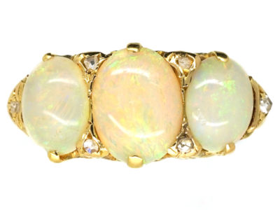 Edwardian 18ct Gold, Three Stone Opal & Diamond Ring