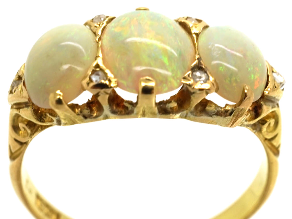 Edwardian 18ct Gold, Three Stone Opal & Diamond Ring (15S) | The ...