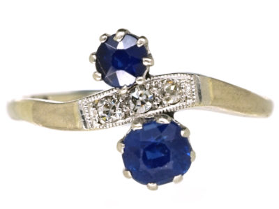 Edwardian 18ct Gold & Platinum, Two Stone Sapphire & Diamond Ring