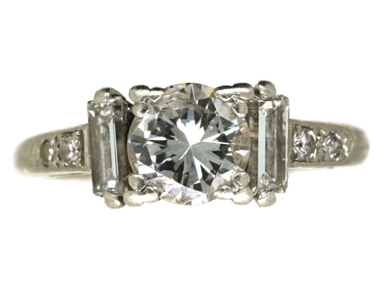 Art Deco 18ct White Gold, Solitaire Diamond Ring With Baguette Diamonds on Either Side