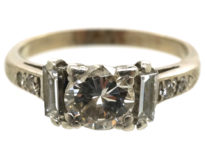 Art Deco 18ct White Gold, Solitaire Diamond Ring With Baguette Diamonds on Either Side