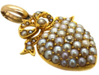 Edwardian 15ct Gold Heart Pendant Set With Natural Split Pearls & a Diamond