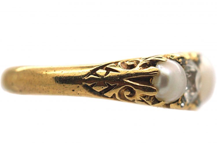 Victorian 18ct Gold Diamond & Natural Pearl Carved Half Hoop Ring