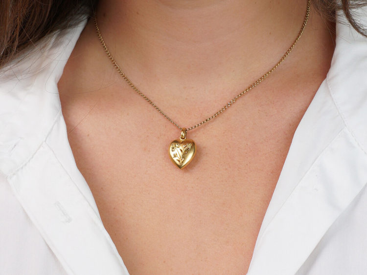 Edwardian 15ct Gold Heart Pendant With Applied Gold Flowers