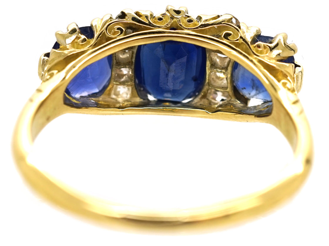 Victorian 18ct Gold, Three Stone Sapphire & Diamond Carved Half Hoop ...