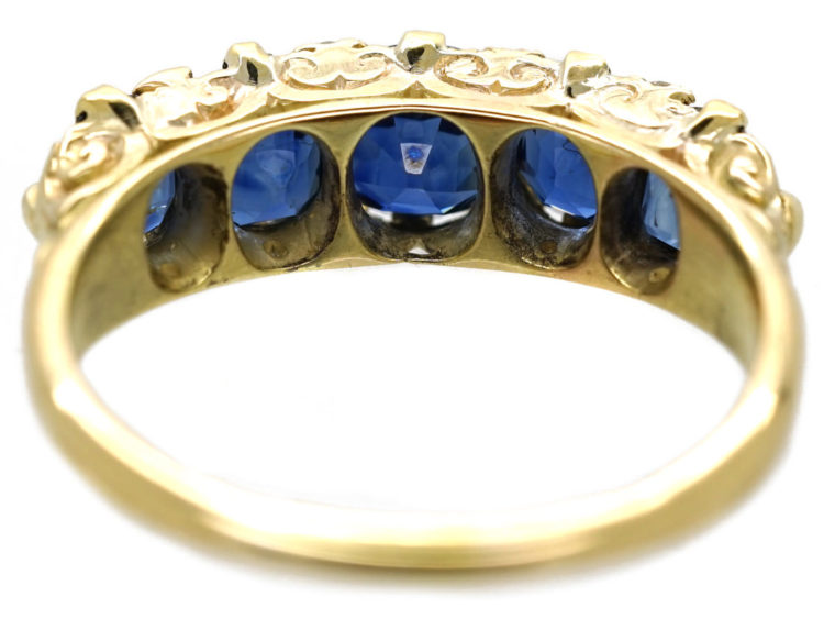 Victorian 18ct Gold Five Stone Sapphire Carved Half Hoop Ring