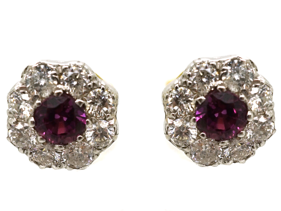 18ct White Gold Ruby & Diamond Cluster Earrings (729K) | The Antique ...