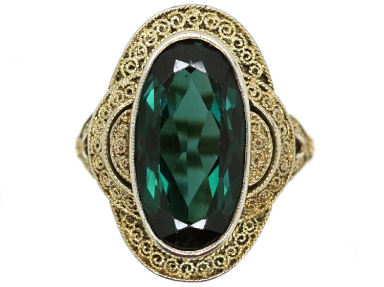 Art Deco Silver Gilt & Green Paste Ring Attributed to Theodor Fahrner