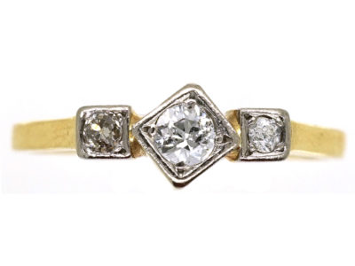Art Deco 18ct Gold, Platinum & Three Stone Diamond Ring