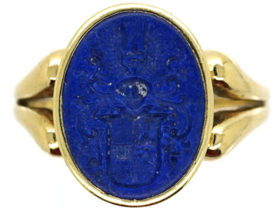 14ct Gold & Lapis Signet Ring With Intaglio of Crest