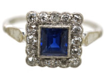 Art Deco 18ct White Gold, Platinum, Sapphire & Diamond Square Ring