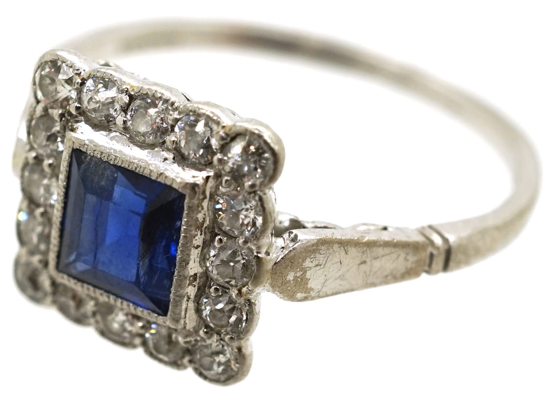 Art Deco 18ct White Gold Platinum Sapphire And Diamond Square Ring 743k The Antique 2897