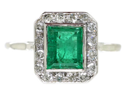 Art Deco 18ct White Gold, Emerald & Diamond Rectangular Ring