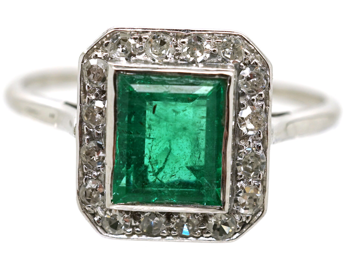 Art Deco 18ct White Gold, Emerald & Diamond Rectangular Ring (742K ...