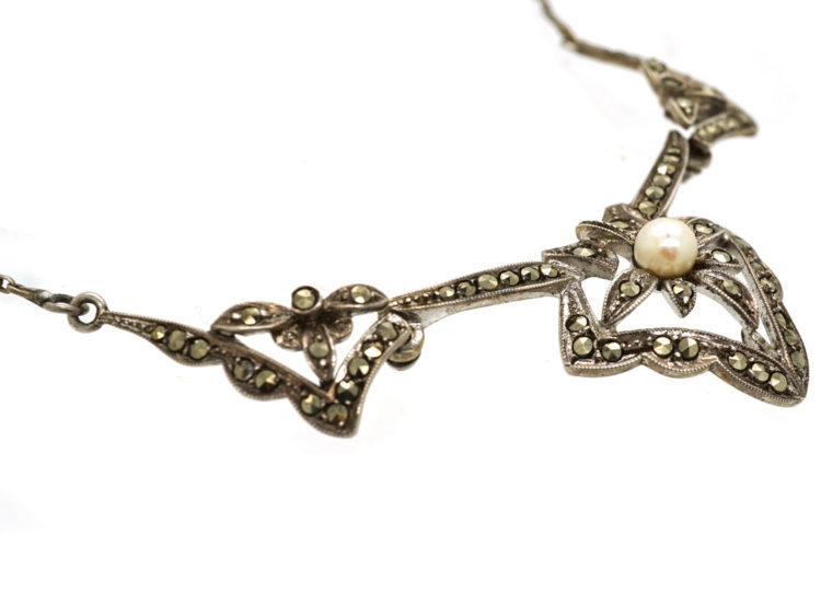 Art Deco Silver, Marcasite & Pearl Necklace