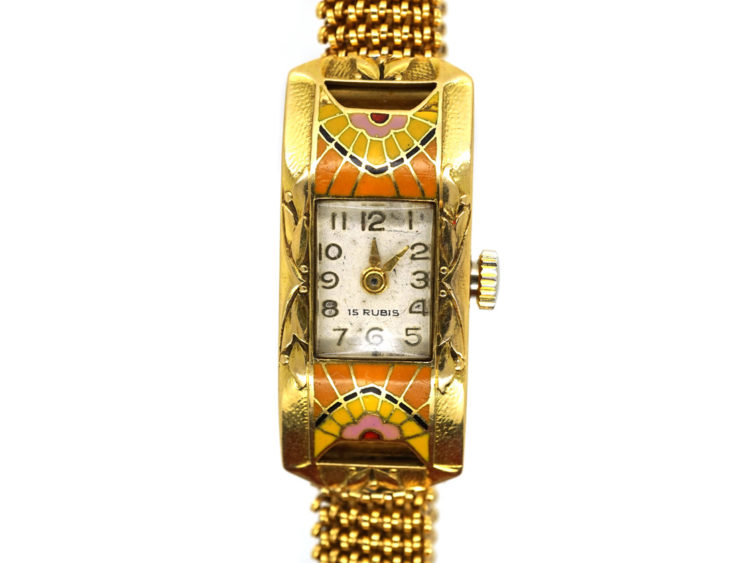 Art Deco 18ct Gold Enamel Watch On Mesh Strap 723K The Antique 