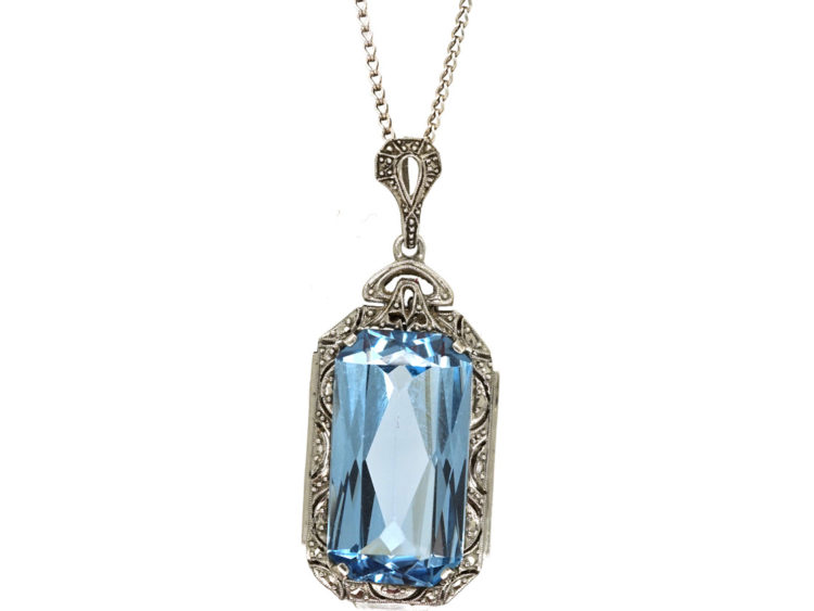 Art Deco Rectangular Synthetic Blue Spinel Pendant on Silver Chain