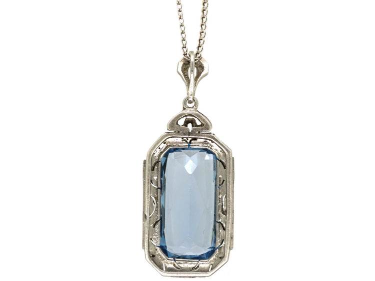 Art Deco Rectangular Synthetic Blue Spinel Pendant on Silver Chain
