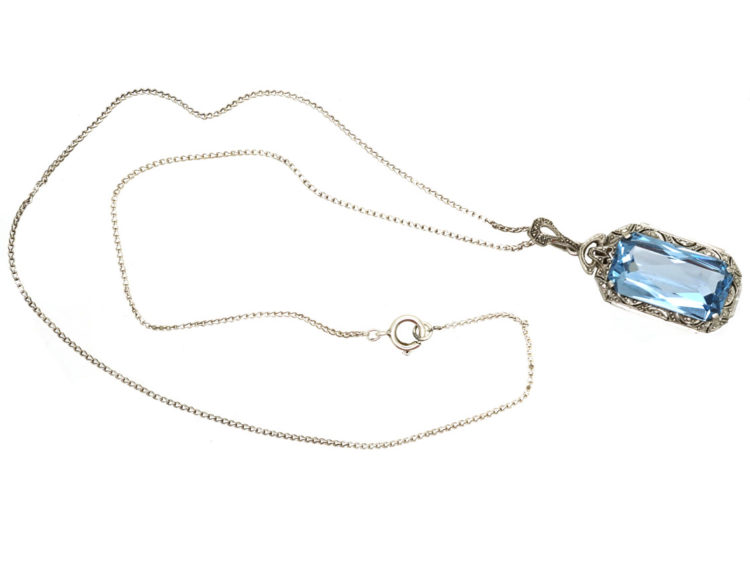 Art Deco Rectangular Synthetic Blue Spinel Pendant on Silver Chain