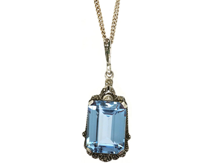 Art Deco Silver & Synthetic Blue Spinel Pendant on Silver Chain