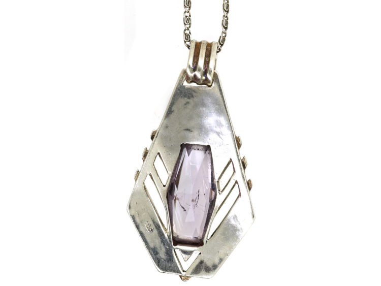 Art Deco Silver & Amethyst Pendant on Silver Chain